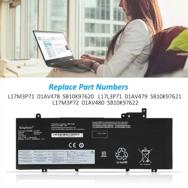 Battrevo Batteria L17L3P71 Per Lenovo ThinkPad T480S - 57Wh, 11.58V, 4 Celle, Ricambio 01AV478